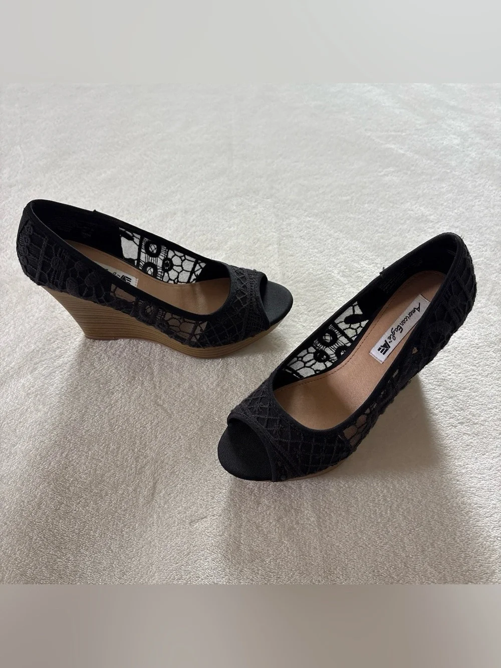 Y2K American Eagle Peep Toe Black Lace Wedge Heel Size 5
